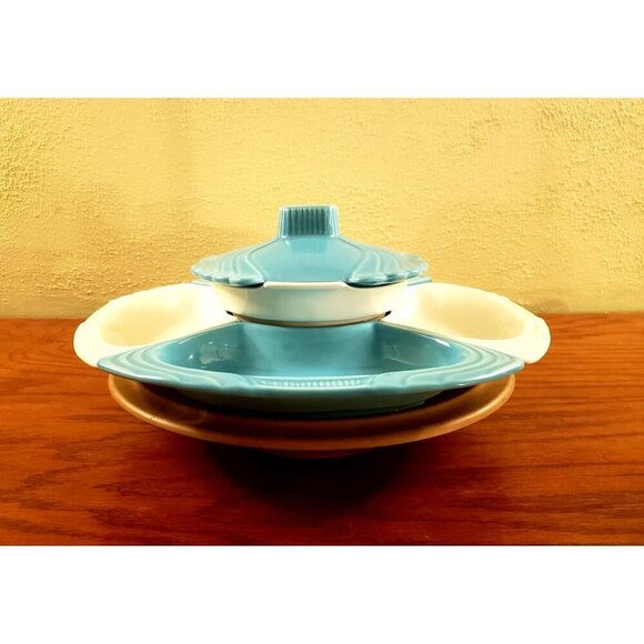 Lazy Susan Snack Tray Dish MCM Vintage California Pottery Aqua and White USA - Picture 3 of 6